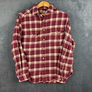 Woolrich Men's Traditional Flannel Burgundy and Beige Plaid Shirt Sz Med